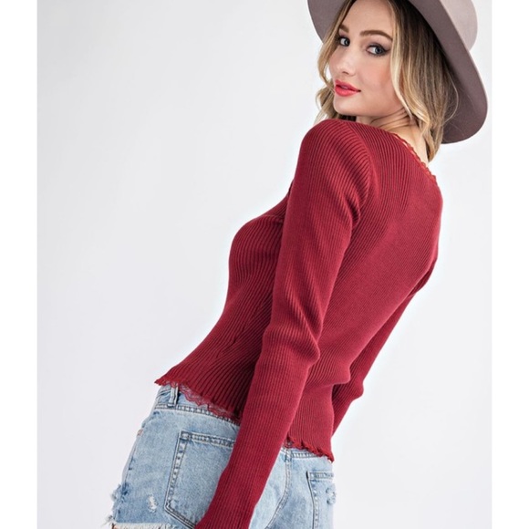 Women’s Winter Top Dressy Rib Knit Lace Top Red Blouse Cozy Knits Top Date Night - Picture 6 of 6